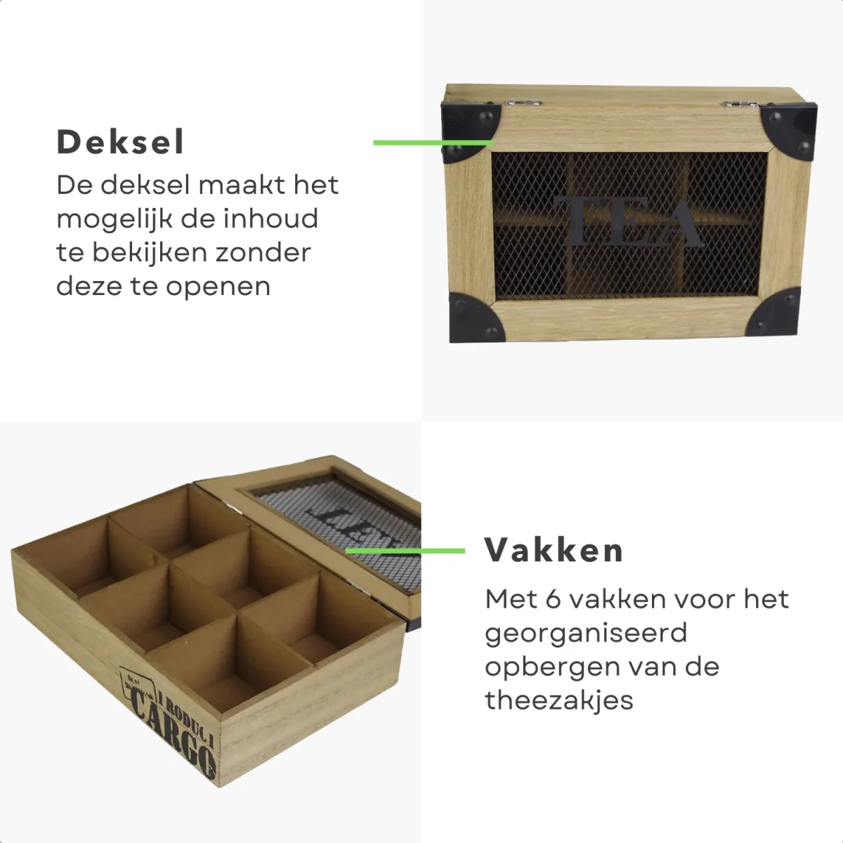 Cheqo® Theekist 6 Vaks - Theedoos - Cargo - Houten Kist - Theezakjes - Metalen Gaas - 25x17x7cm - Afbeelding 4