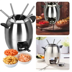 Cheqo® Fondueset - Fonduepan - 6 personen - RVS - ø23.5xh21cm - Spatdeksel - Met Fonduevorken en Fonduebrander - 859g