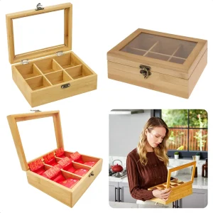 Cheqo® Theekist Bamboe - 72 Theezakjes - Theedoos - Transparant Raam - Sierslot - 21x16xH7.5cm - Milieuvriendelijk