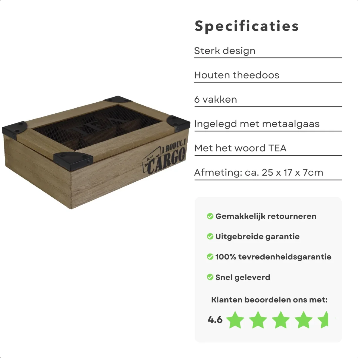 Cheqo® Theekist 6 Vaks - Theedoos - Cargo - Houten Kist - Theezakjes - Metalen Gaas - 25x17x7cm - Afbeelding 3