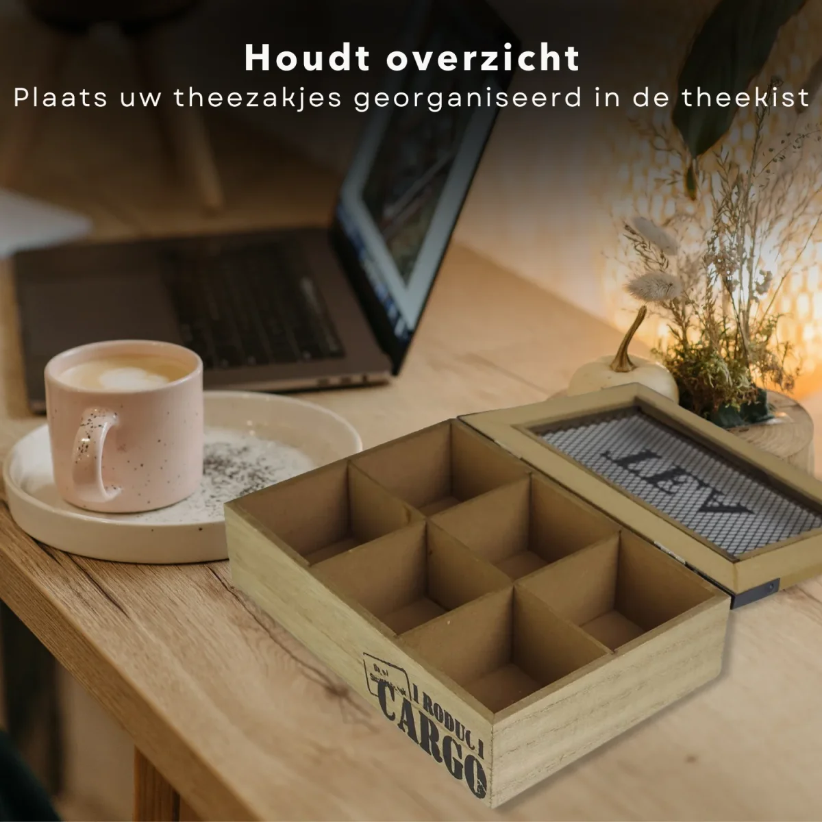 Cheqo® Theekist 6 Vaks - Theedoos - Cargo - Houten Kist - Theezakjes - Metalen Gaas - 25x17x7cm - Afbeelding 6