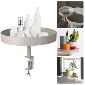 Cheqo® Dienbladtafel met Klem - Bijzettafel - Decoratief Dienblad met Klem - Balkontafel - Metaal - Ø28cm - Geschikt voor Tafels - Taupe (Lichtgrijs)
