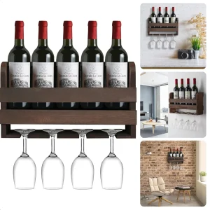 Cheqo® Houten Wijnrek Wandmontage - Flessenrek - Wijnflesrek - Wijnflessen Rek Voor 4 Flessen en Glazen - Glazenhouder - Hout - Compact Design