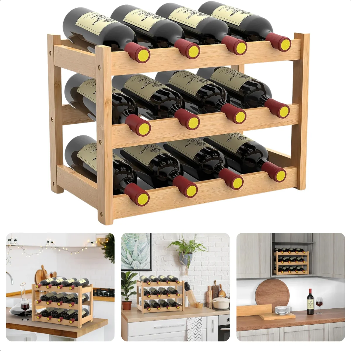 Cheqo® Wijnrek Hout - Flessenrek Voor 12 Wijnflessen - Wijnmeubel 46.5 x 19 x 28.5 cm - Grenen Hout