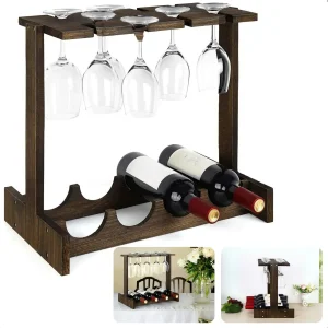 Cheqo® Wijnrek Hout - Ophangrek Wijnglazen - Glazenrek - Flessenrek Voor 4 Flessen met Glashouder - Wijnflessen Rek - Wijnflesrek - Paulownia Hout