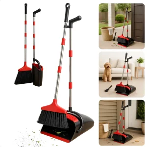 Cheqo® Stoffer en Blik met Lange Steel- Verstelbaar tot 145 cm - Bezem voor Binnen en Buiten - Zwart en Rood
