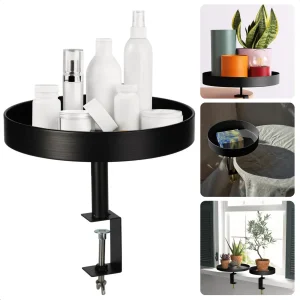 Cheqo® Dienbladtafel met Klem - Bijzettafel - Decoratief Dienblad met Klem - Balkontafel - Metaal - Ø28cm - Geschikt voor Tafels - Zwart