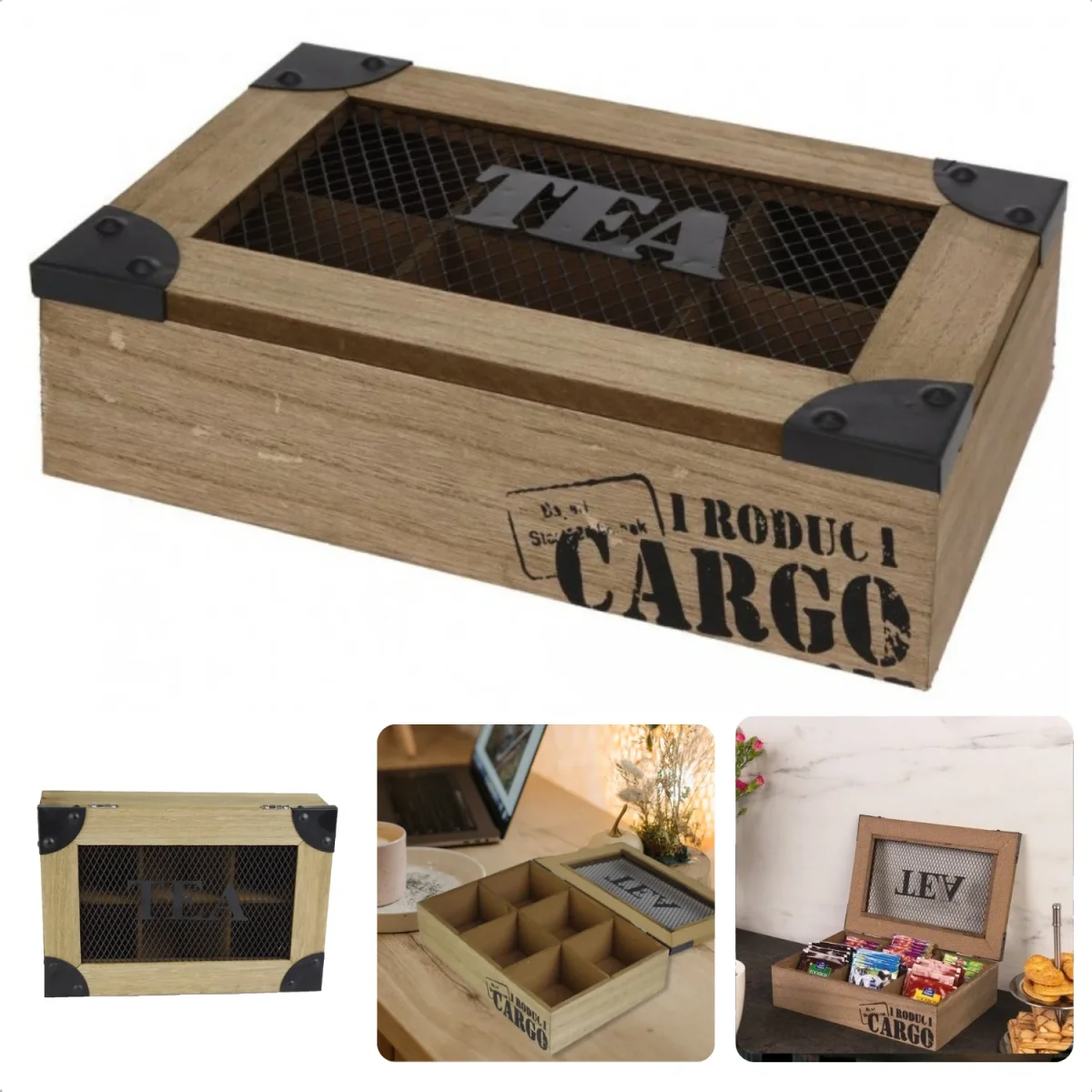 Cheqo® Theekist 6 Vaks - Theedoos - Cargo - Houten Kist - Theezakjes - Metalen Gaas - 25x17x7cm - Afbeelding 2