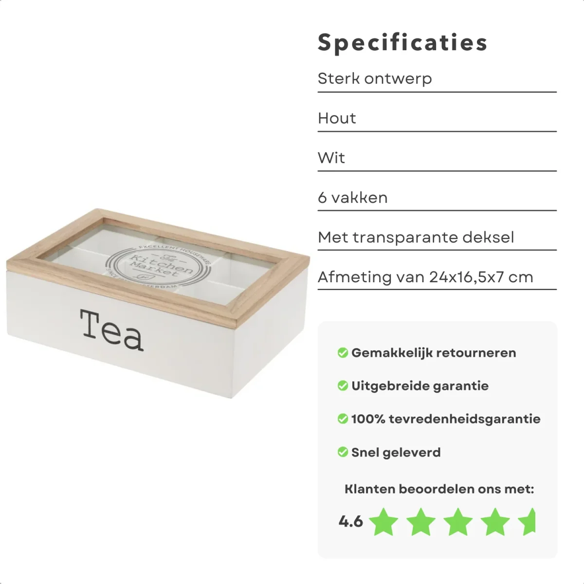 Cheqo® Houten Theekist met 6 Vakken - Theedoos - Wit - 24x16,5x7cm - Beukenhout - Stevige MDF Bodem - Geschikt voor Theezakjes - Afbeelding 3