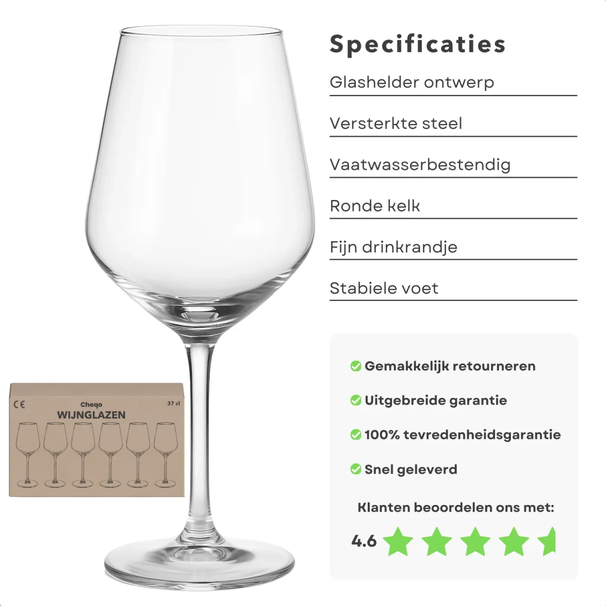 Cheqo® Witte Wijnglazen Set - Wijnglas Set - 37cl - Kristalglas - Perfect voor Witte Wijn - 6 Stuks - Afbeelding 3