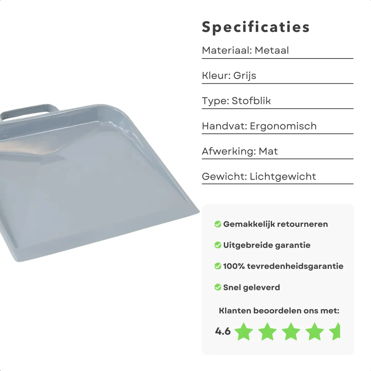 Cheqo® Blik - Metalen Stofblik Grijs - Duurzaam - Handvat voor Huishoudelijk Gebruik - Blik voor Stoffer en Blik - Afbeelding 3