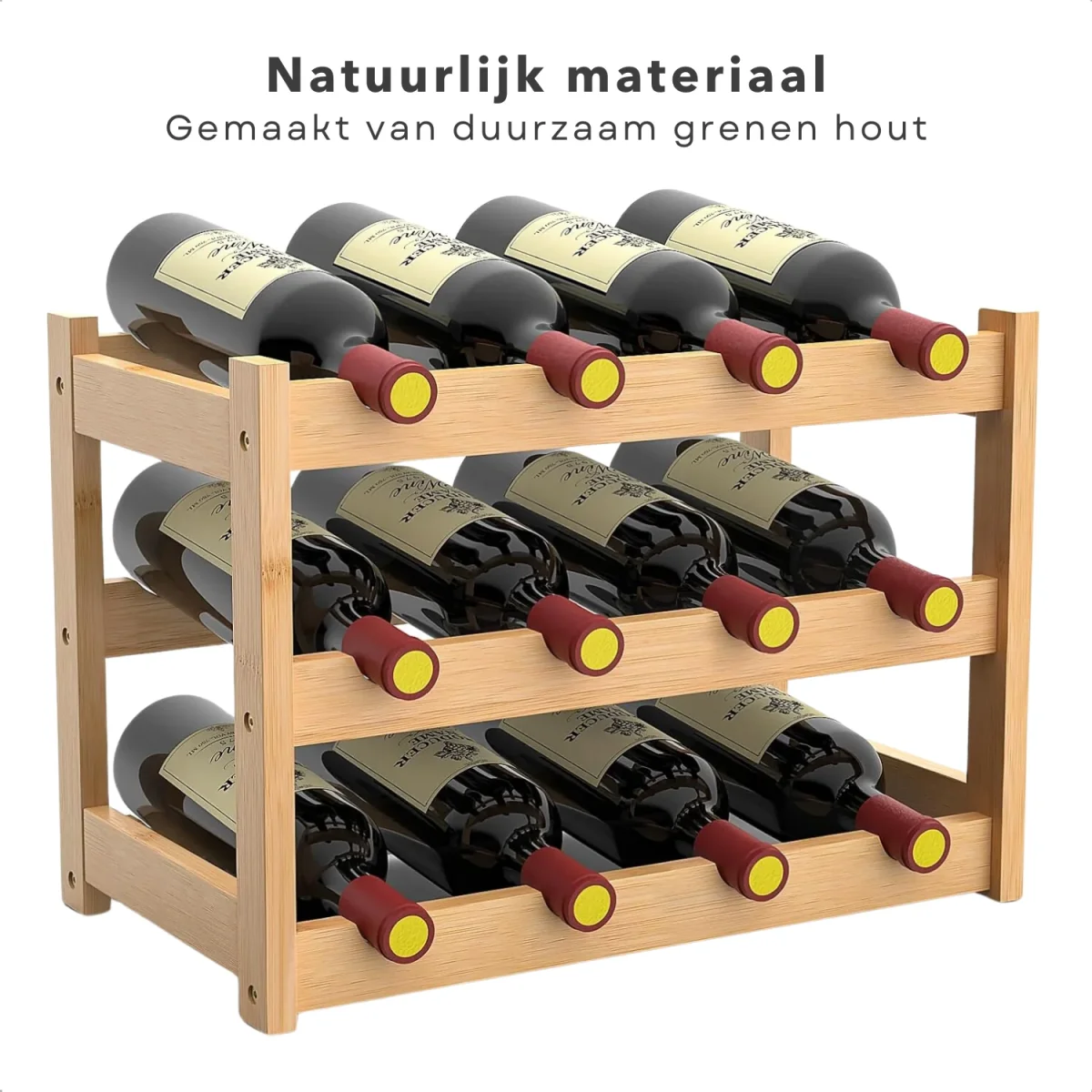 Cheqo® Wijnrek Hout - Flessenrek Voor 12 Wijnflessen - Wijnmeubel 46.5 x 19 x 28.5 cm - Grenen Hout - Afbeelding 5